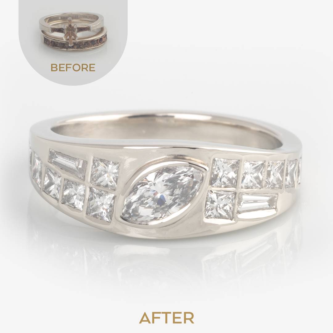 A marquis and baguette diamond ring in white gold. The diamonds were removed from an old ring an remade into a new ring.